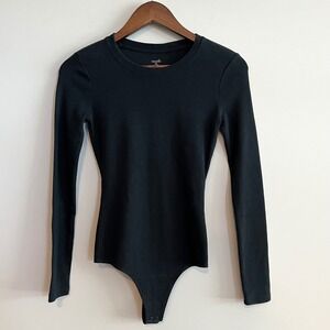 Nuuds Womens Ribbed Long Sleeve Crew Neck Bodysuit Black XS Thong Back Snap Base